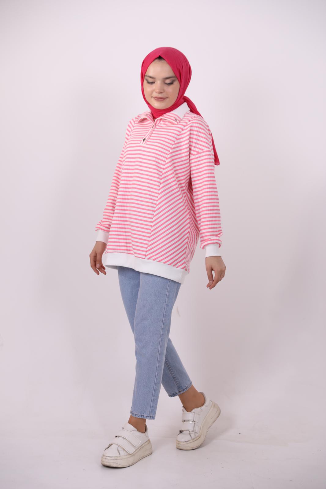 Yakası Çıtçıtlı Çizgili Sweat Pembe