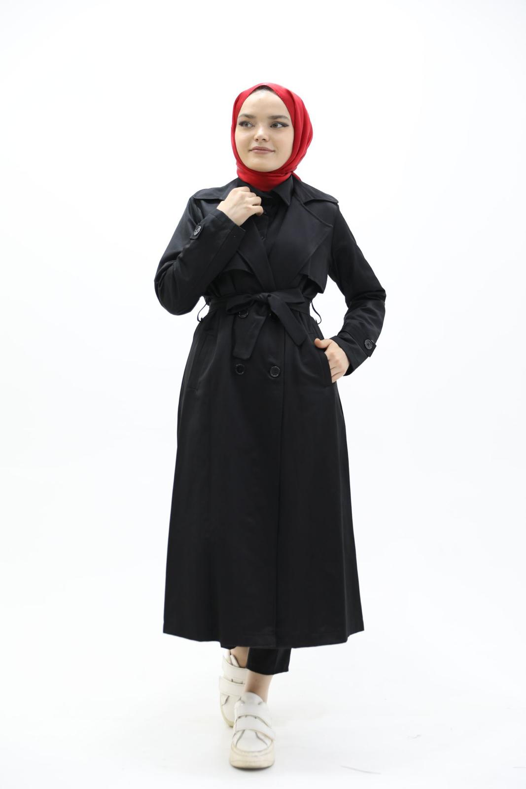 Button and Waist Lace Trench Black