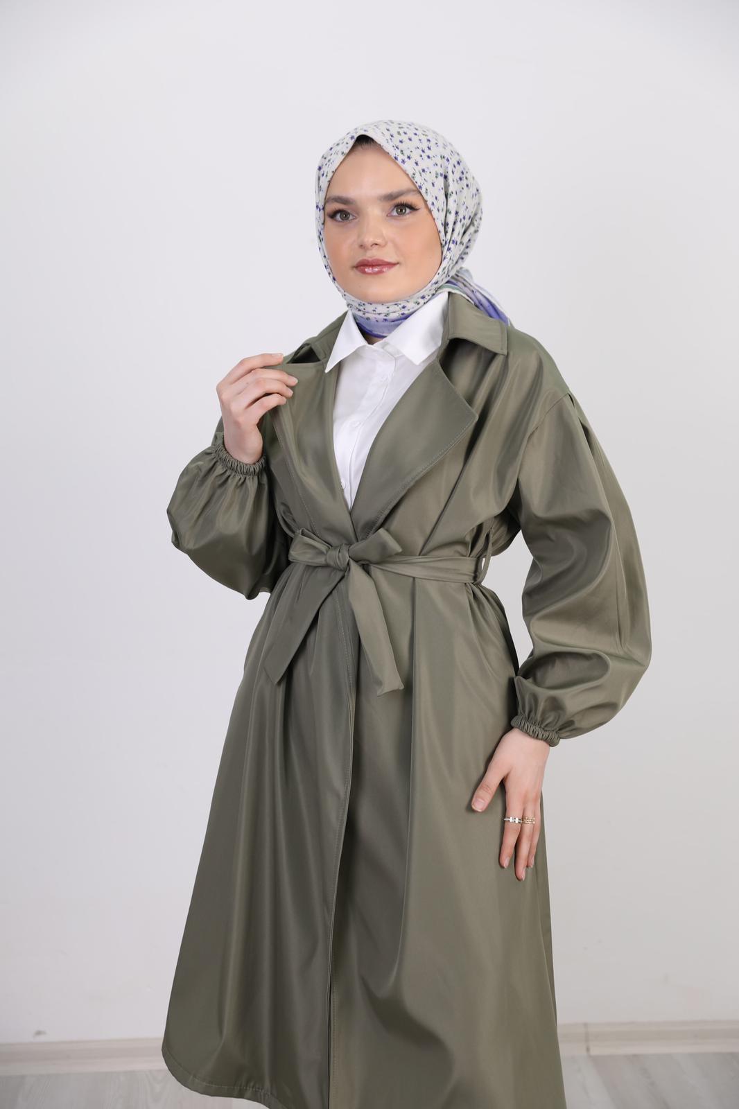 Balloon Sleeve Belted Trench Green