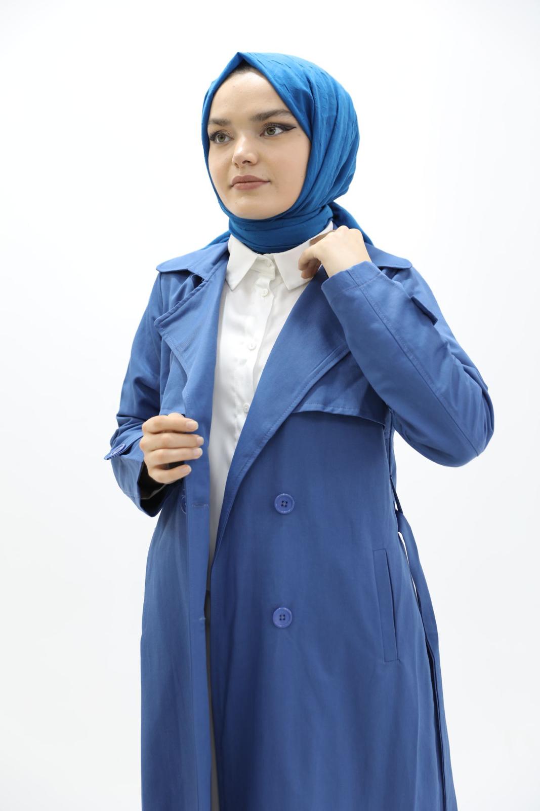Button and Waist Lace Trench Blue