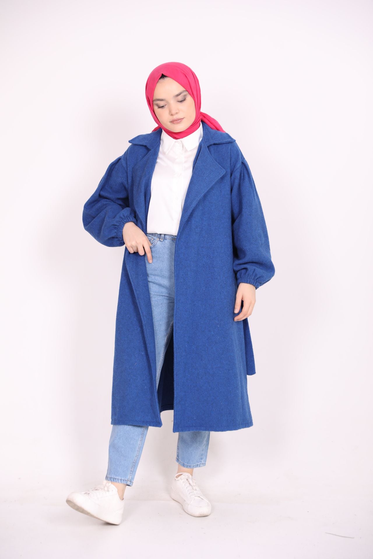 Balloon Sleeve Belted Coat Blue