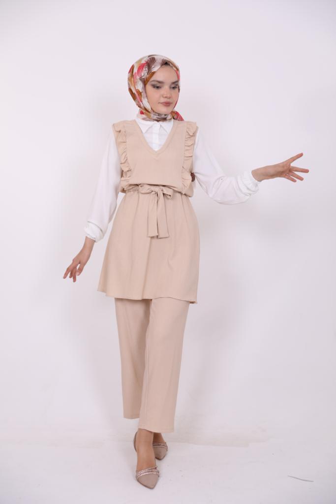 Frilly Front Shirt Detailed Suit Beige