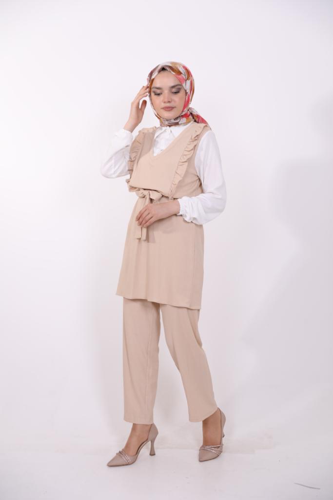 Frilly Front Shirt Detailed Suit Beige