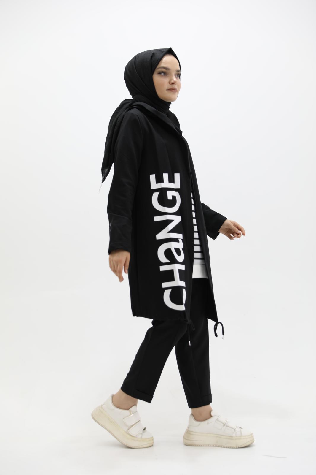 Printed Hooded Sweat Cardigan Black