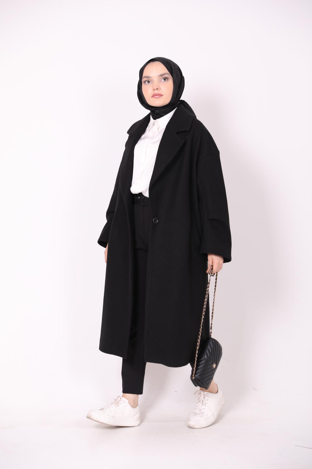 Oversized Coat with Pleated Sleeve Detail Black