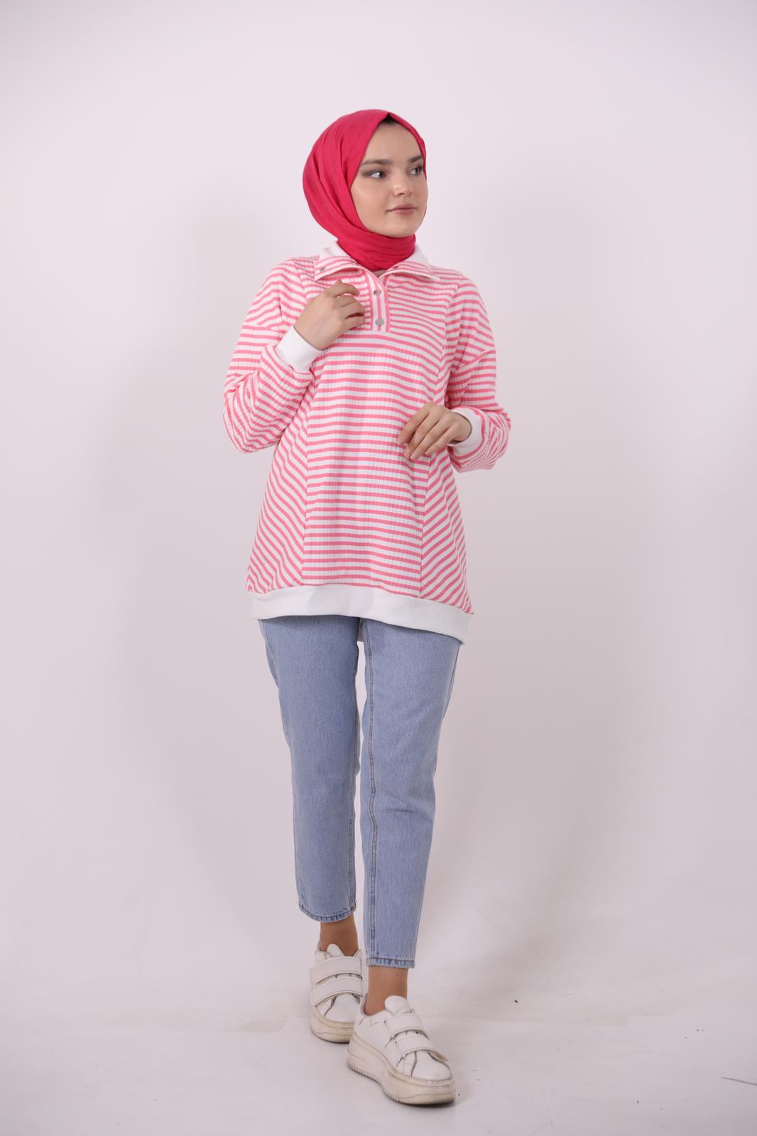 Yakası Çıtçıtlı Çizgili Sweat Pembe