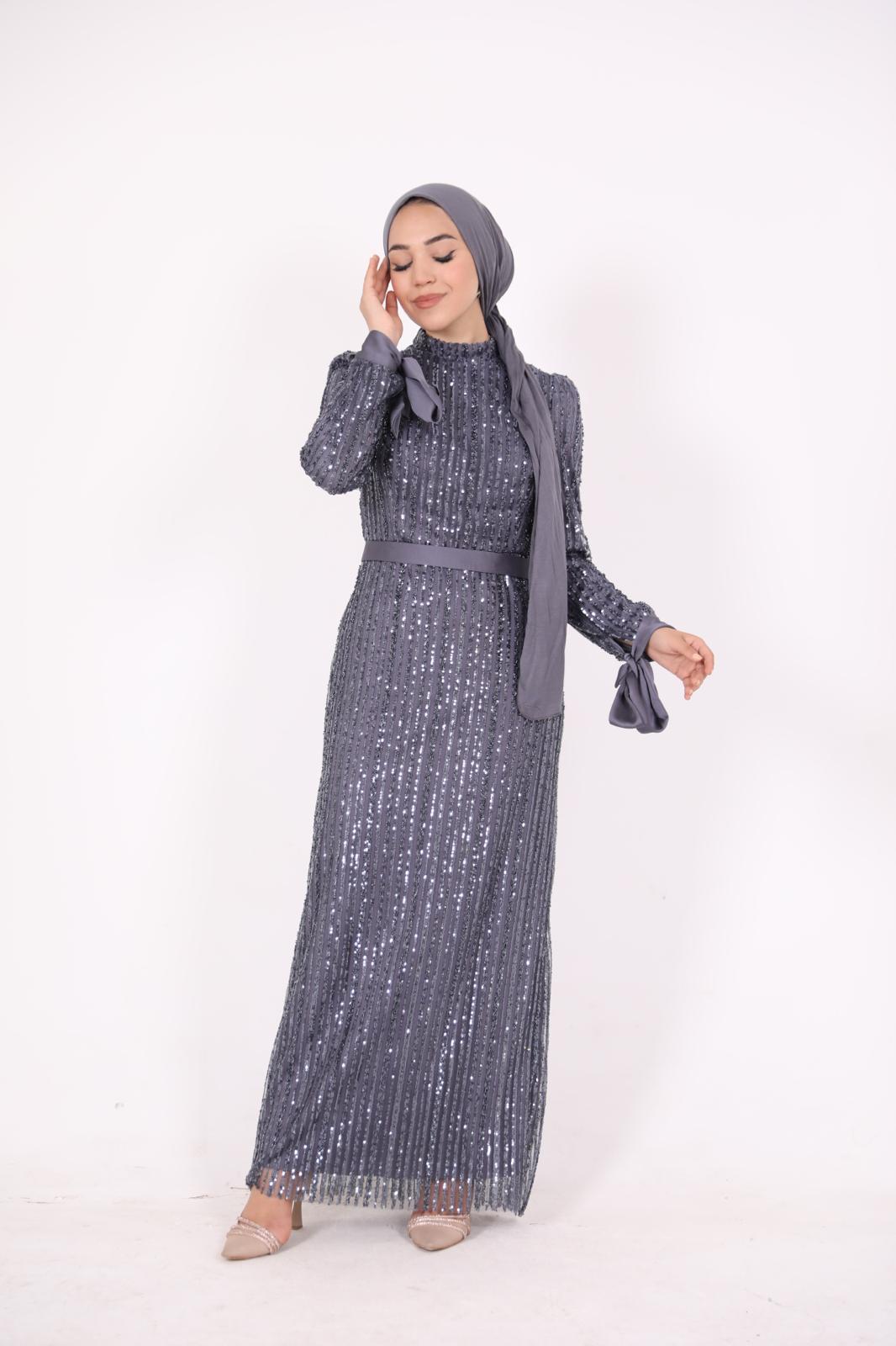 Ful Payetli Kalem Model Elbise Gri