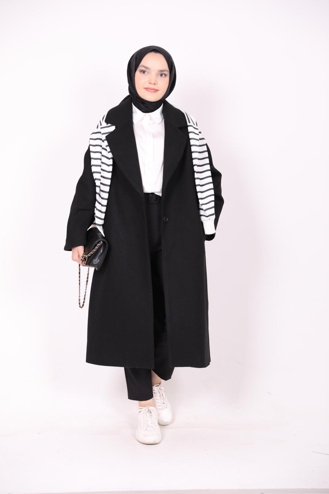 Oversized Coat with Pleated Sleeve Detail Black