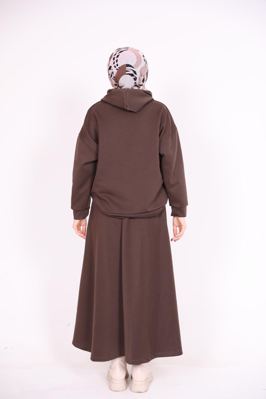 Kangaroo Pocket Hooded Skirt Set Brown