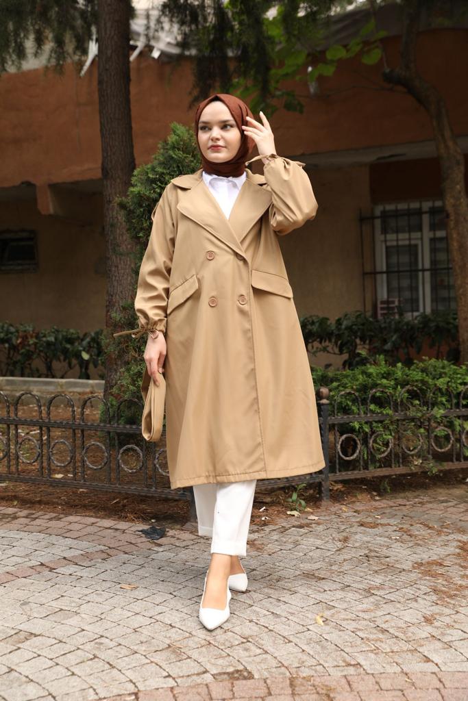Oversize Camel Trench with Tied Sleeves