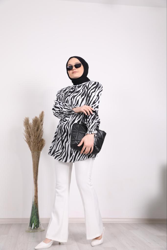 Zebra Patterned Belted Shirt Black