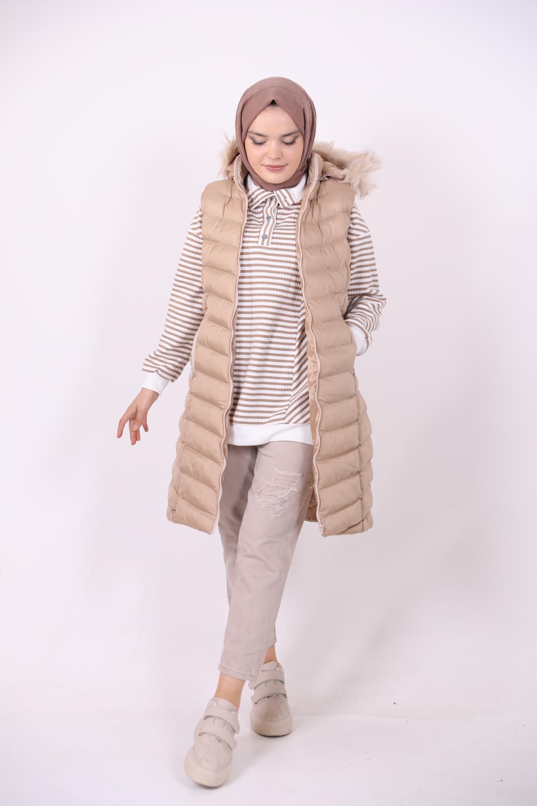 Furry Hooded Inflatable Vest Camel