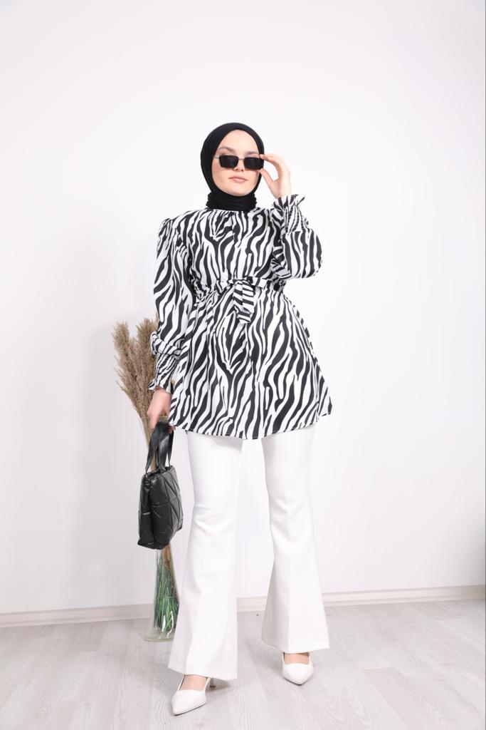 Zebra Patterned Belted Shirt Black