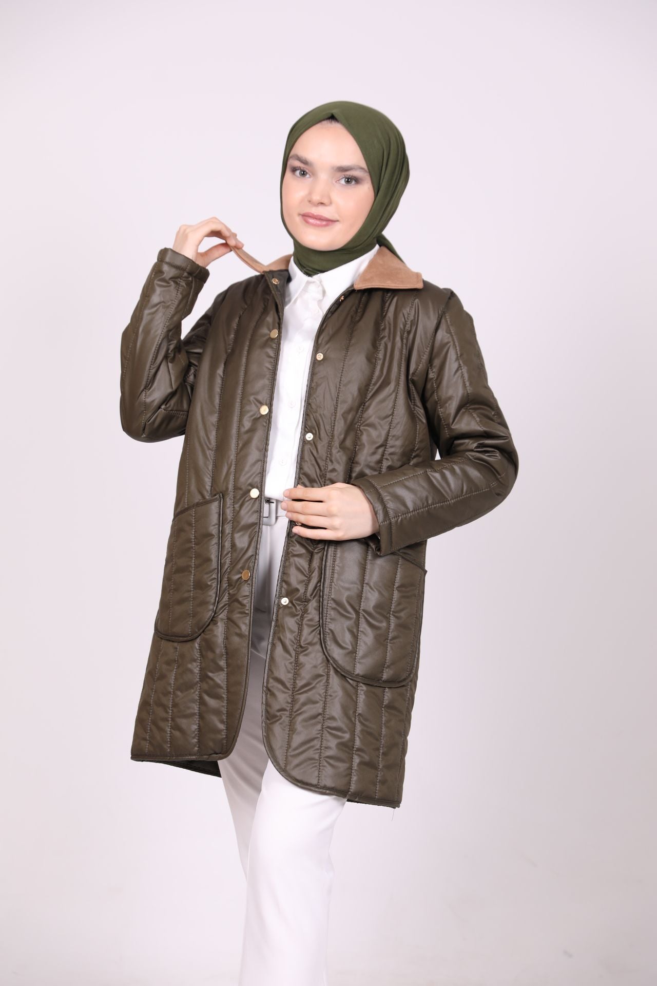 Yakalı Kısa Kapitone Mont Yeşil