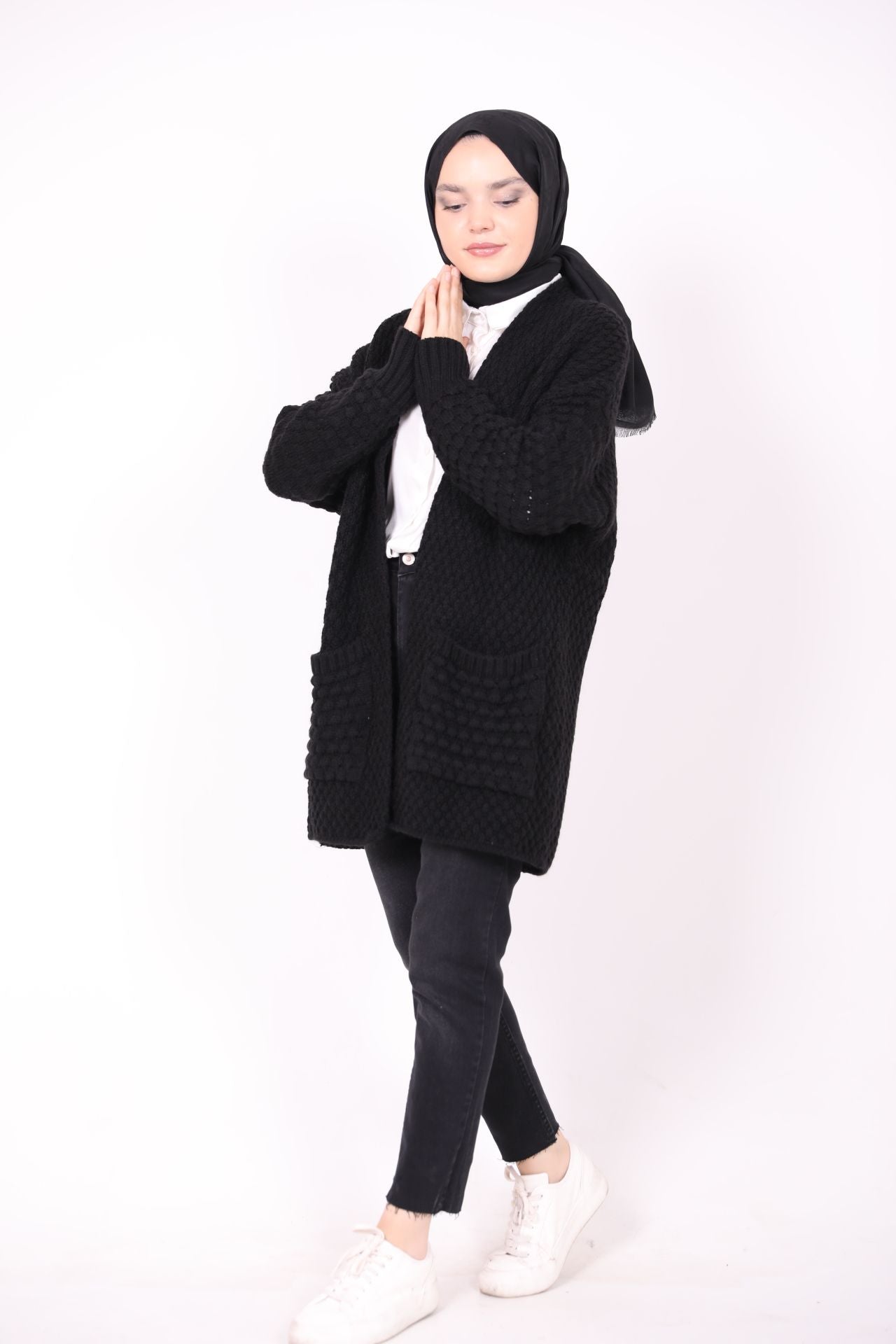 Çift Cepli Örgü Model Hırka Siyah