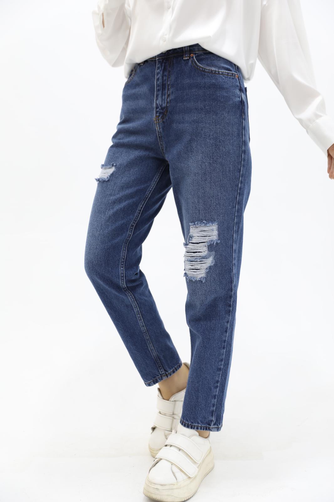 Mom Jean Trousers with Slits at the Knees Blue