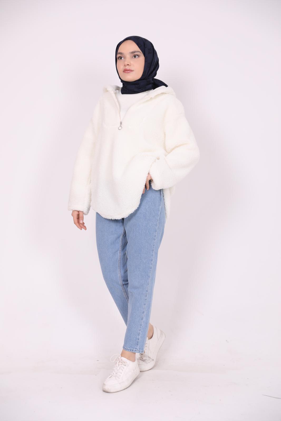 Kapşonlu Peluş Sweat Beyaz