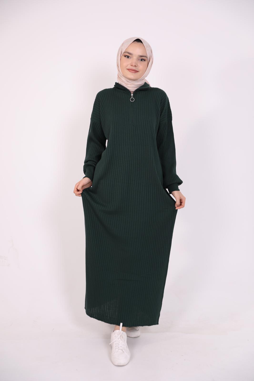 Zippered Collar Knitwear Dress Green