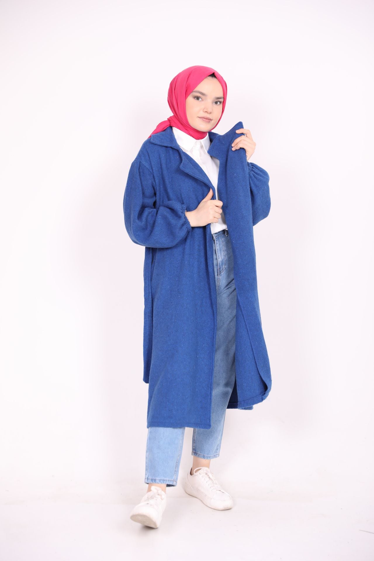 Balloon Sleeve Belted Coat Blue