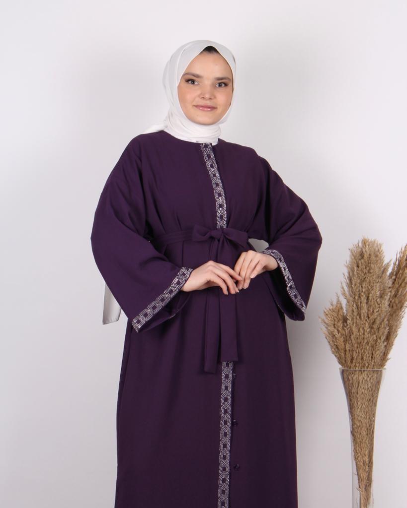 Taş İşlemeli Abaya Mor