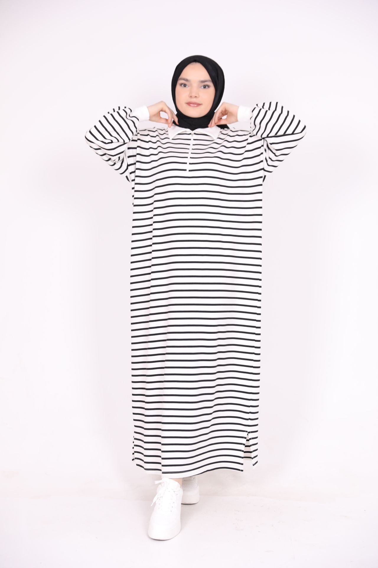 Zippered Striped Dress Black