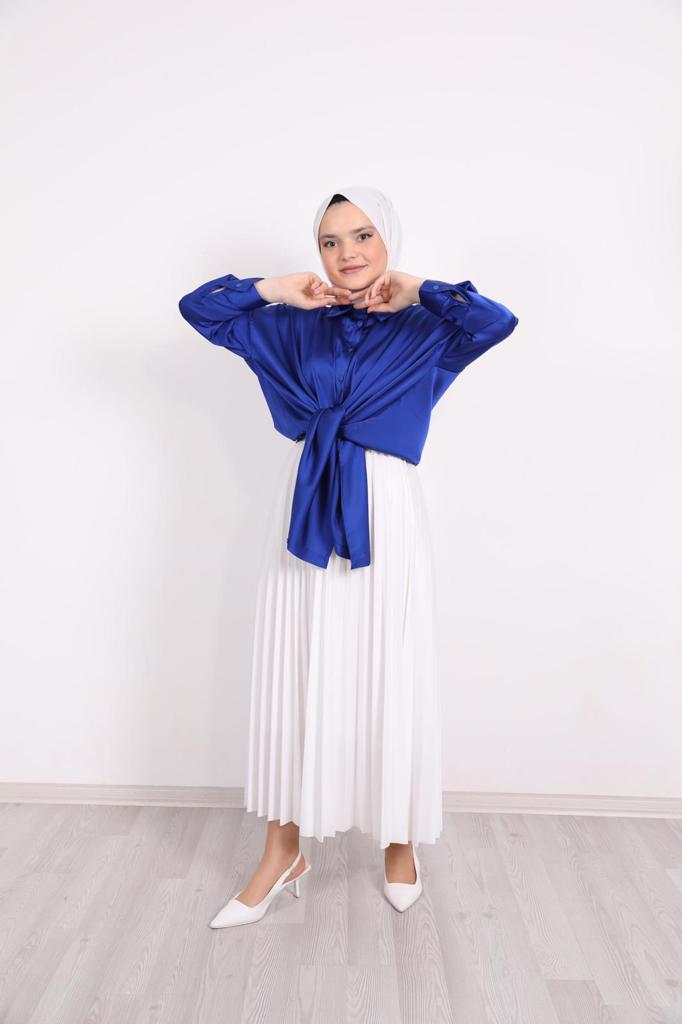 Solid Color Satin Shirt Blue