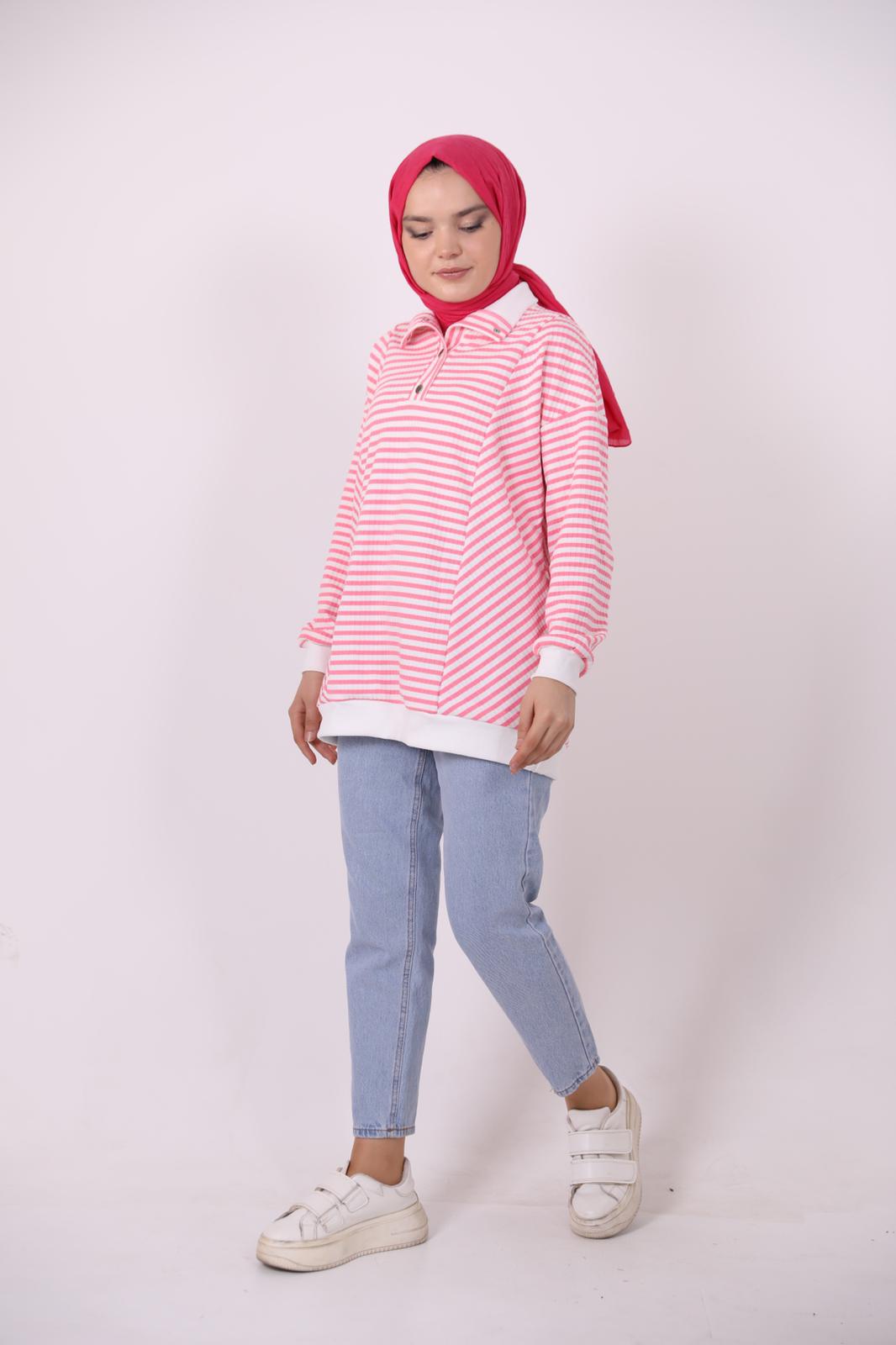 Yakası Çıtçıtlı Çizgili Sweat Pembe