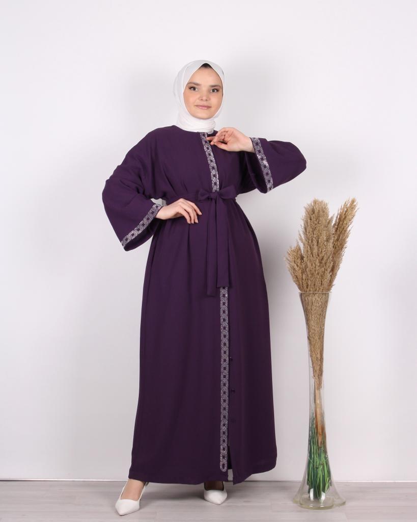 Taş İşlemeli Abaya Mor
