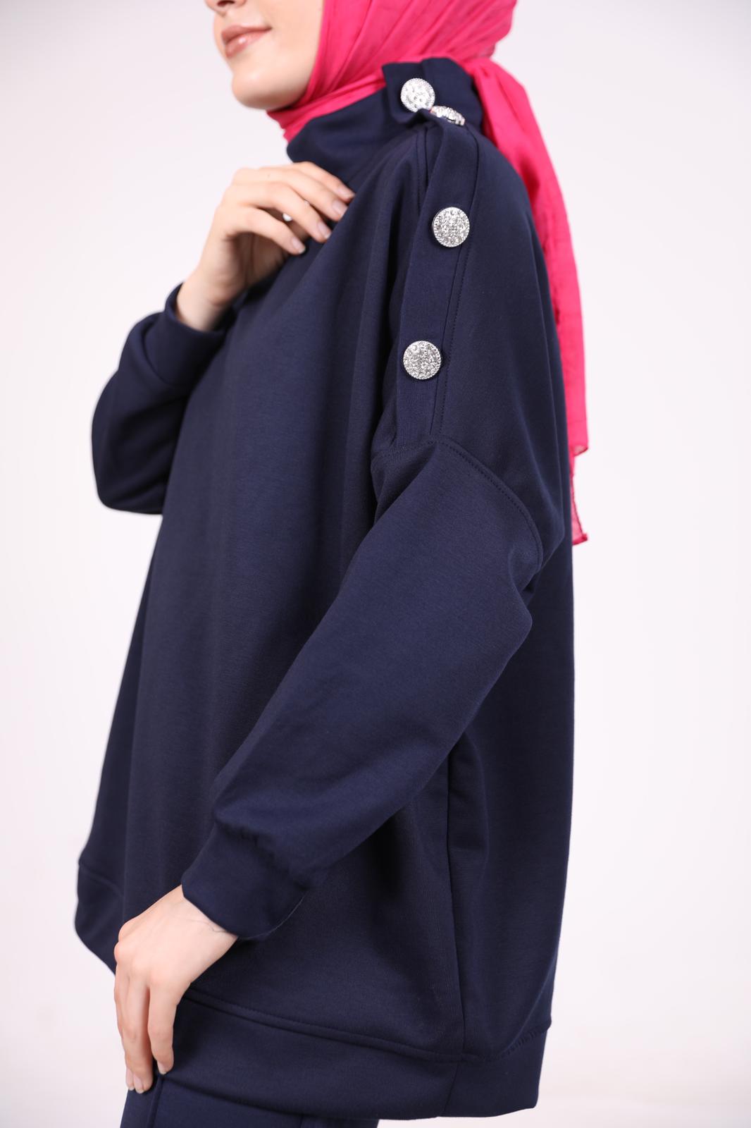 Double Suit with Stones on the Shoulder Navy Blue