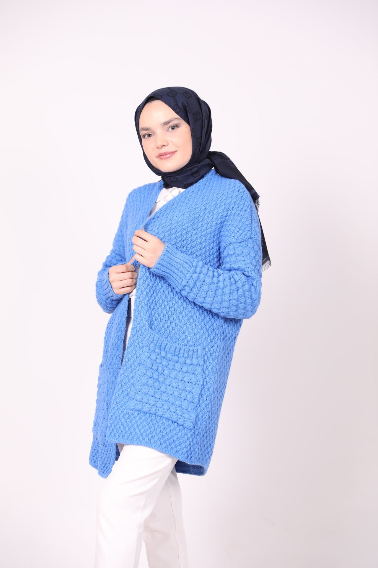 Double Pocket Knitted Model Cardigan Blue
