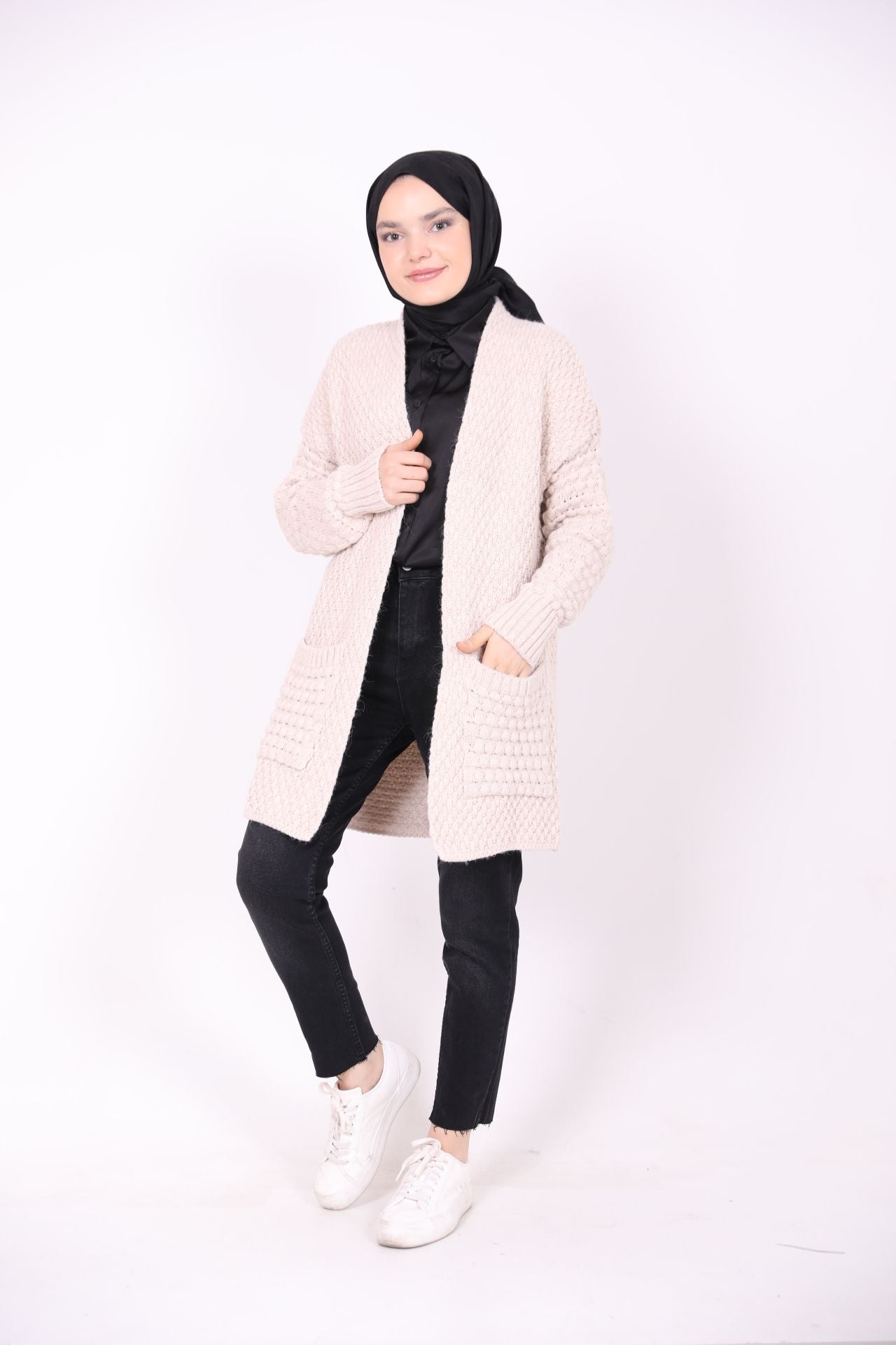 Double Pocket Knitted Model Cardigan Beige