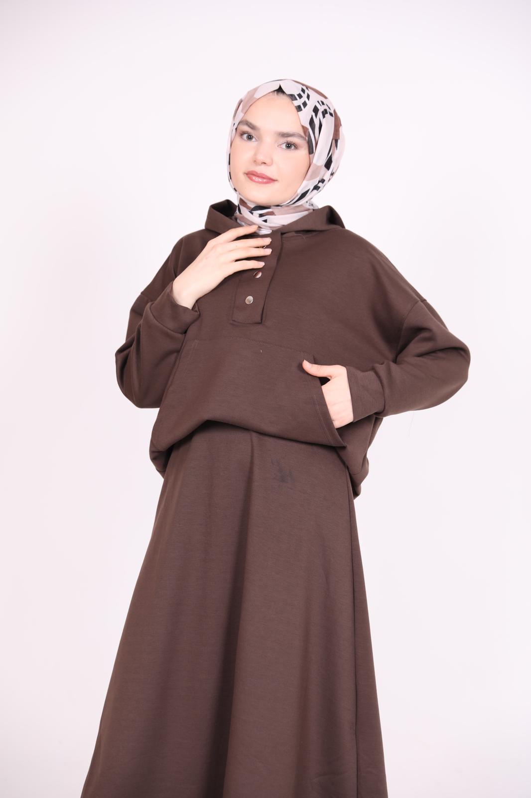 Kangaroo Pocket Hooded Skirt Set Brown