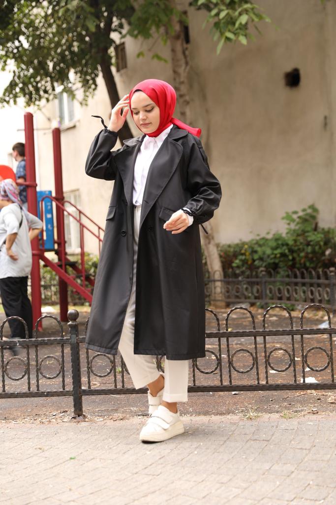 Kolları Bağlamalı Oversize Trenç Siyah