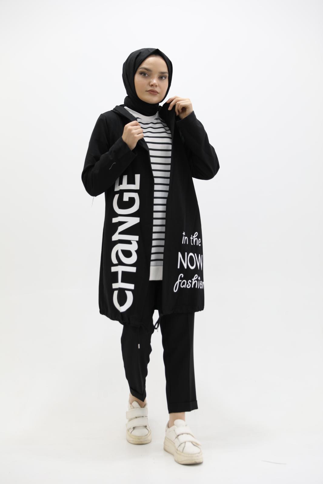Printed Hooded Sweat Cardigan Black
