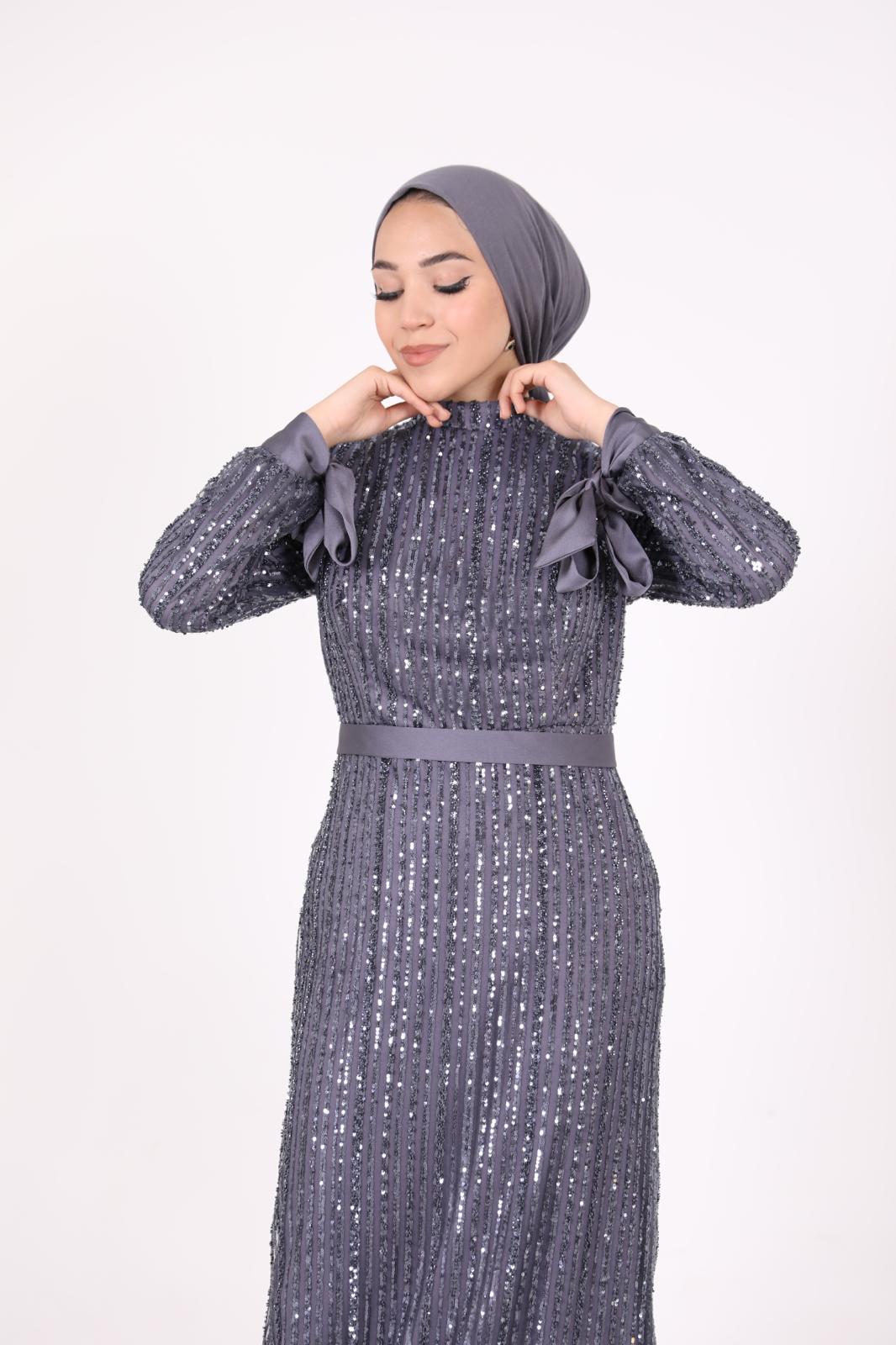 Ful Payetli Kalem Model Elbise Gri