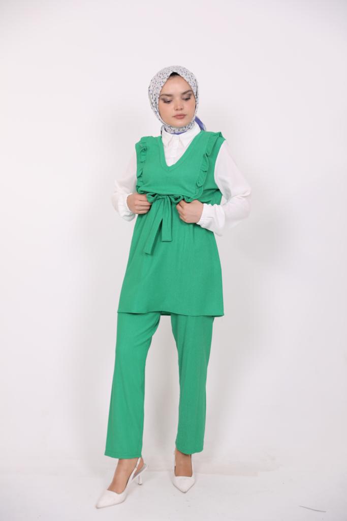 Frilly Front Shirt Detailed Suit Green