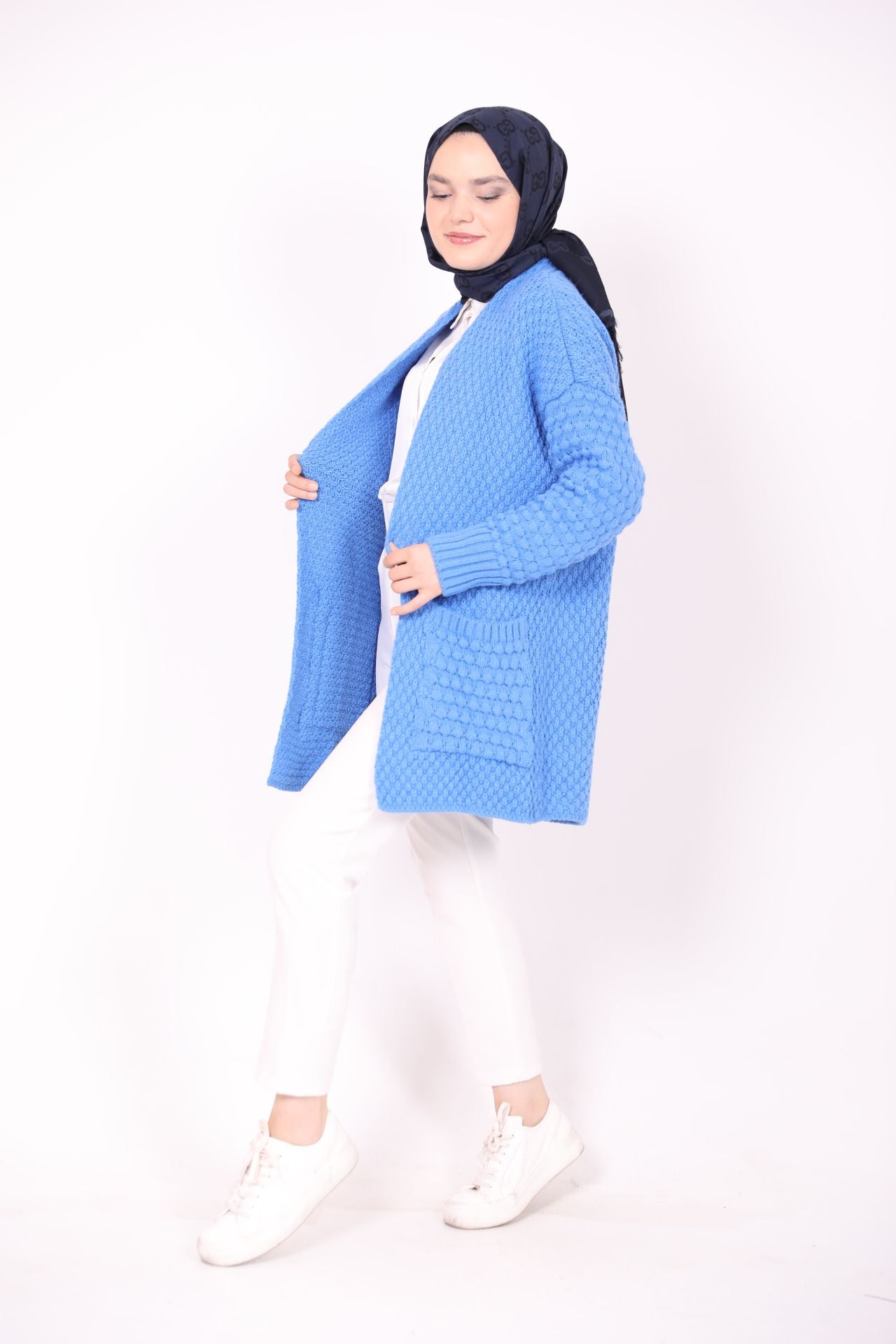 Double Pocket Knitted Model Cardigan Blue