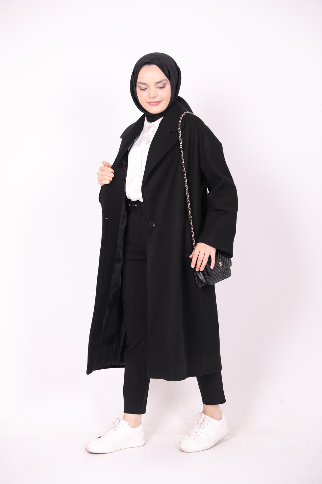 Oversized Coat with Pleated Sleeve Detail Black