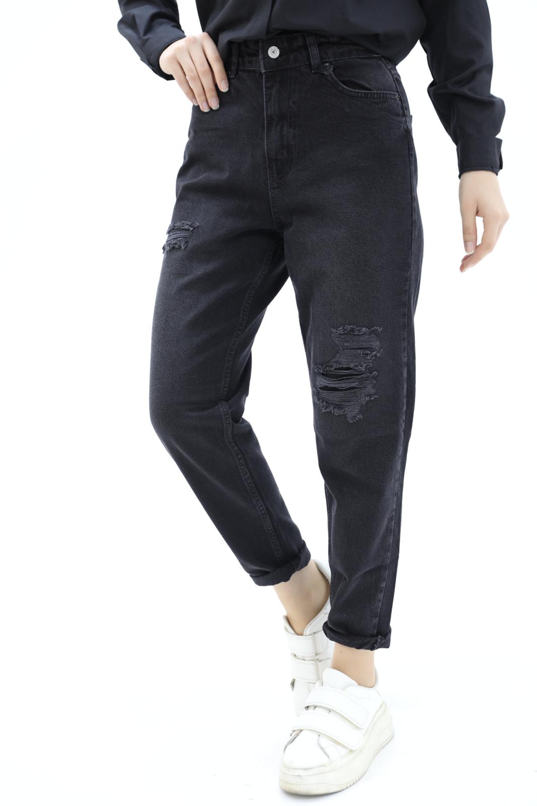 Mom Jean Trousers with Slits at the Knees Black