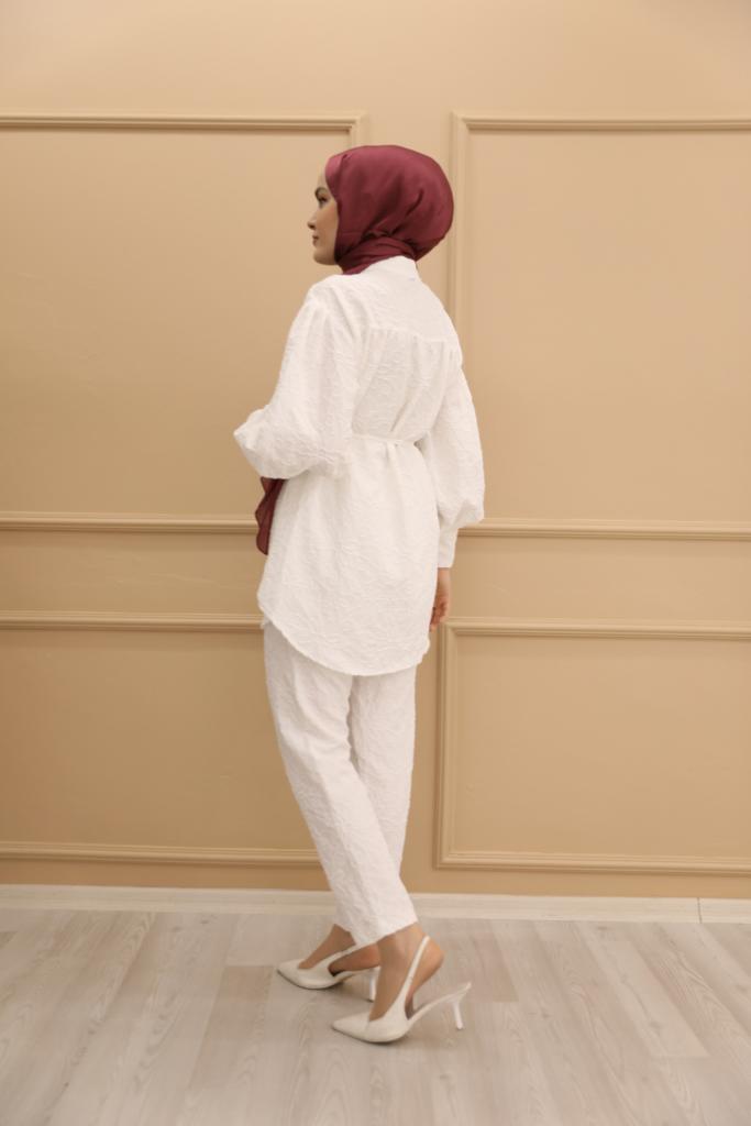Embossed Belted Double Suit White