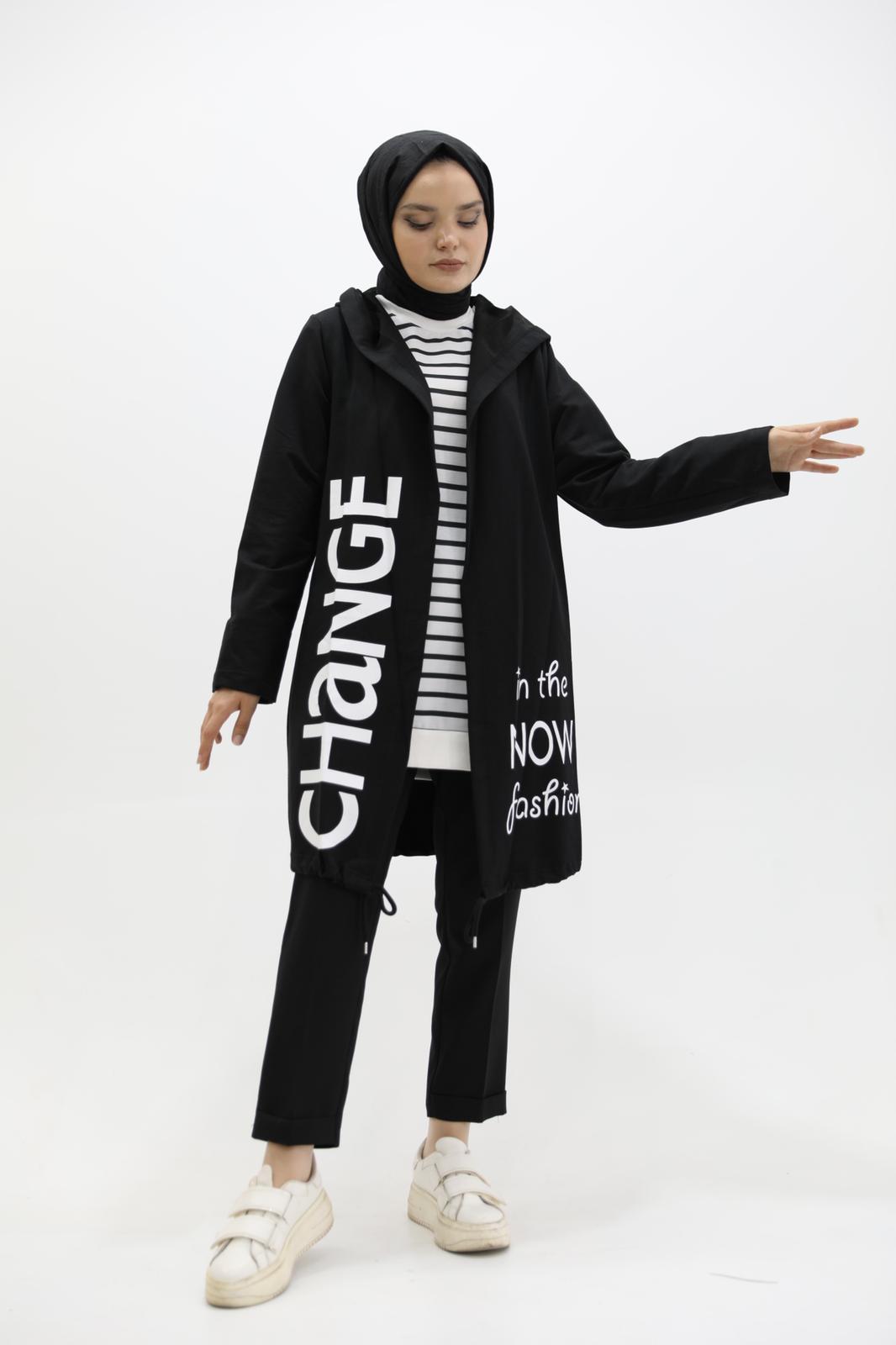 Printed Hooded Sweat Cardigan Black