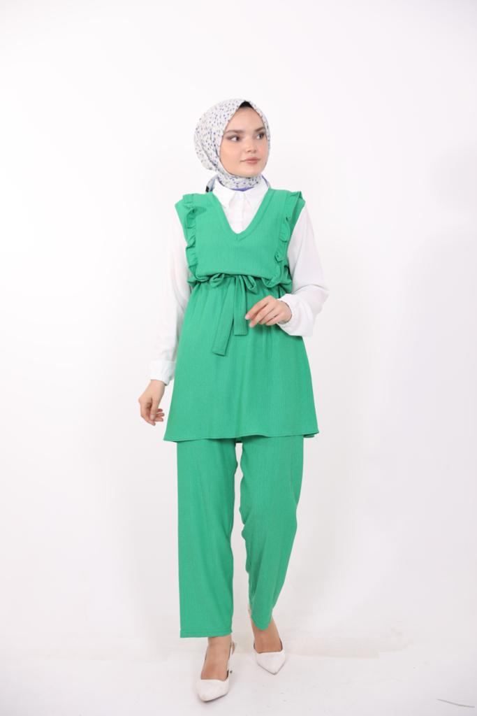 Frilly Front Shirt Detailed Suit Green