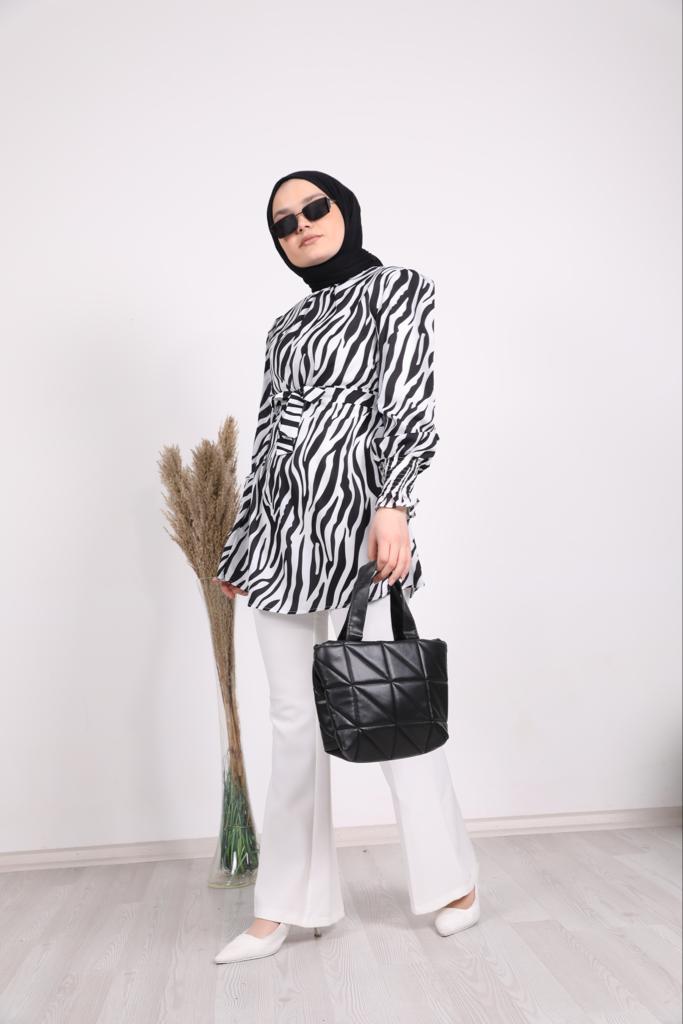 Zebra Patterned Belted Shirt Black