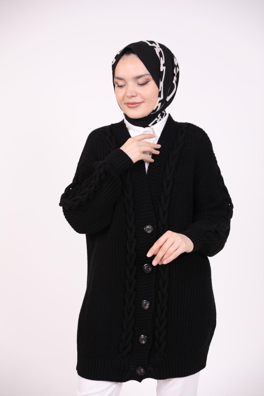 Örgülü Araboy Düğmeli Hırka Siyah