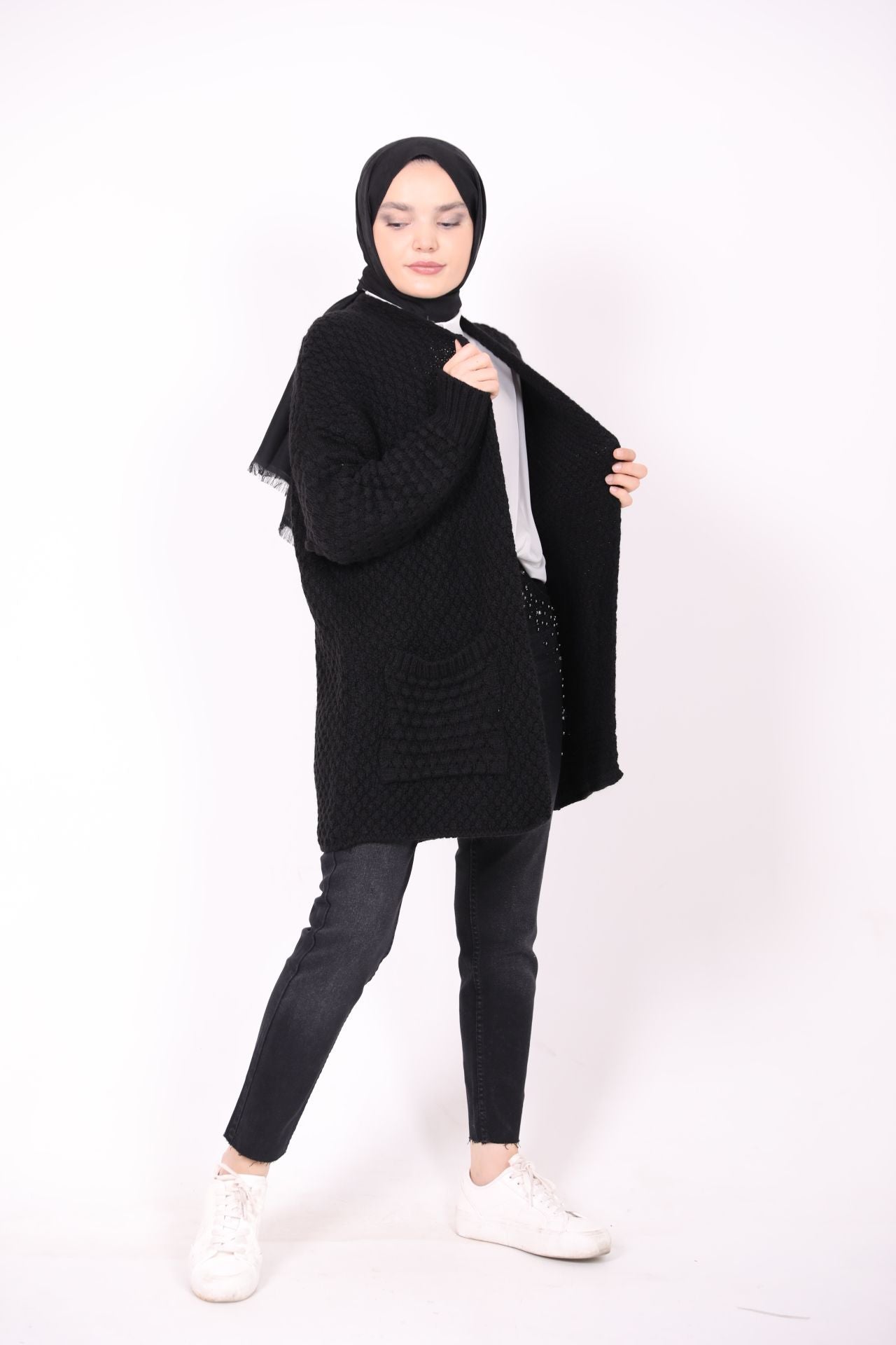 Çift Cepli Örgü Model Hırka Siyah