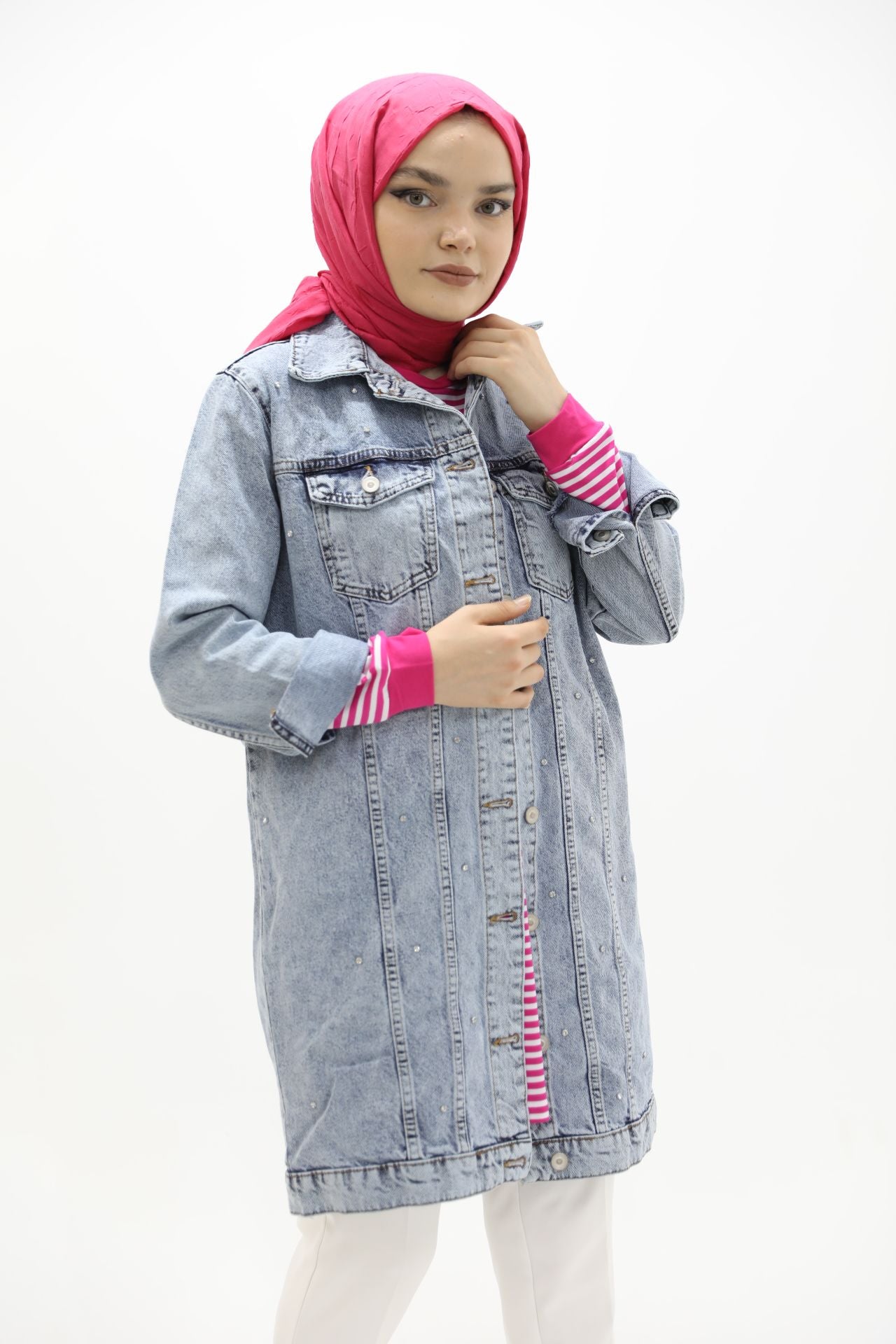 Stone Detailed Denim Jacket Blue