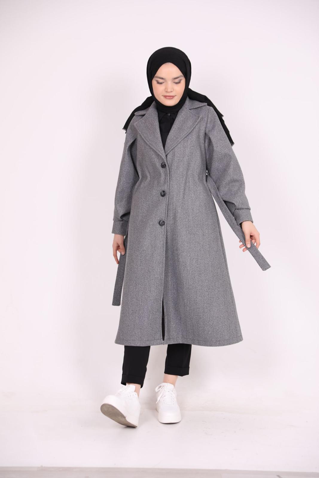 Bracelet Sleeve Belted Coat Gray