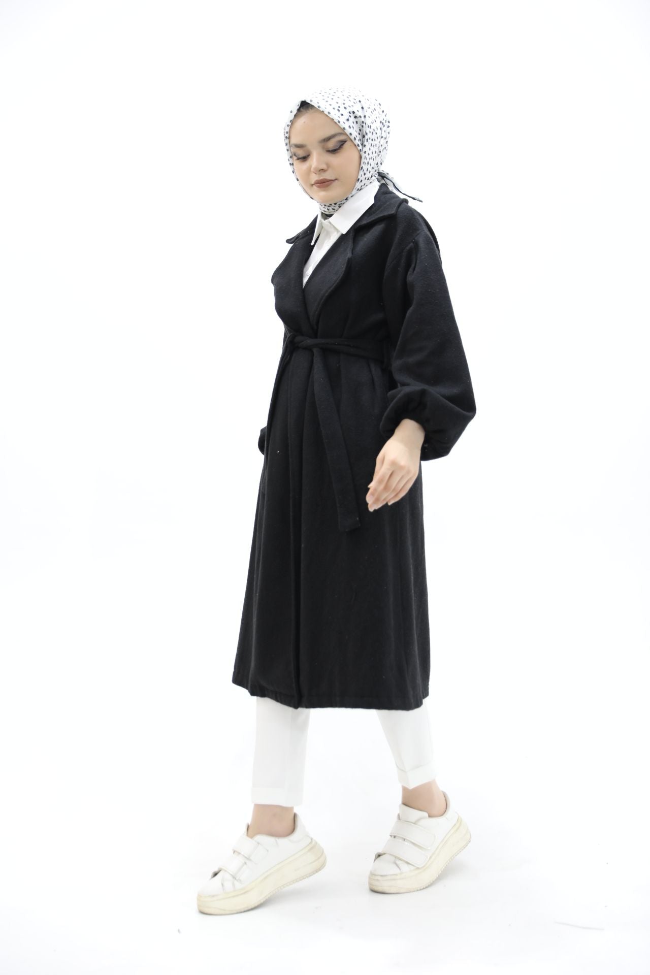 Balloon Sleeve Belted Coat Black