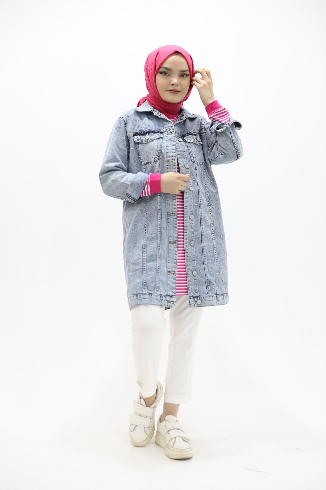 Stone Detailed Denim Jacket Blue