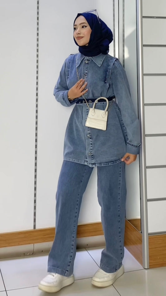 Tamboy Çıtçıtlı Pantolonlu Kot Takım Mavi